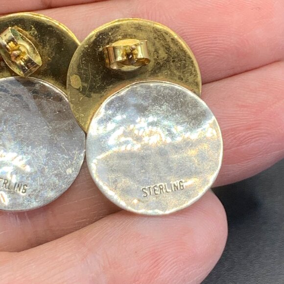 Sterling Silver 925 Round Hammered Disc Two Tone Earrings 1.25" Long - Picture 3 of 7